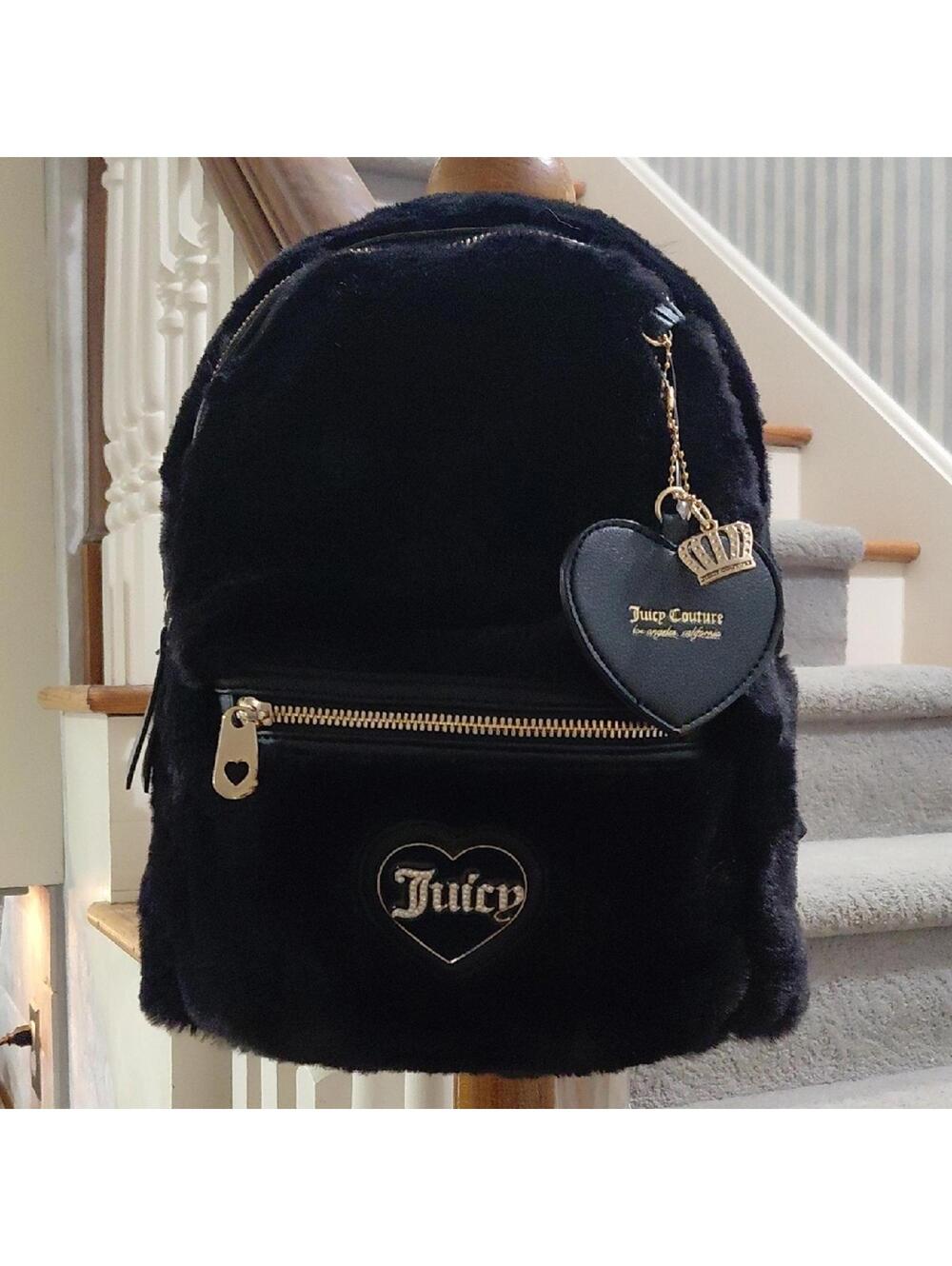 "Juicy Couture" Unisex Black Plush Faux Fur Backpack with Heart Charm. 9inX12in